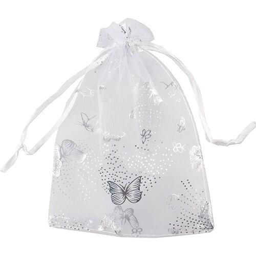 New 100Pcs 9X12cm Butterfly Organza Jewelry Gift Pouch Candy Pouch Drawstring Wedding Favor Bags White