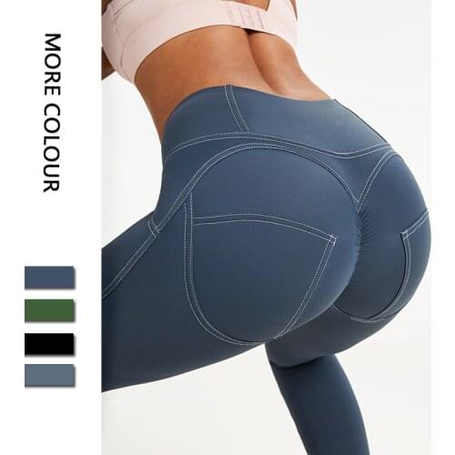 New No Trace Sports Pants Mid Waist Push Up Hip Yoga Leggings Women Imitation Denim Fabric Fitness Trousers Gym Running Tights