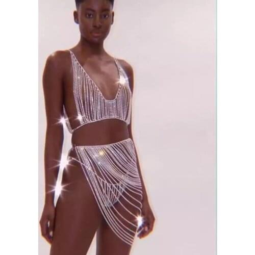 New Design Luxury Long Tassel Crystal Bikini Body Chain Harness for Women Sexy Lingerie Chain Bling Rhinestone Bra and Thong Set