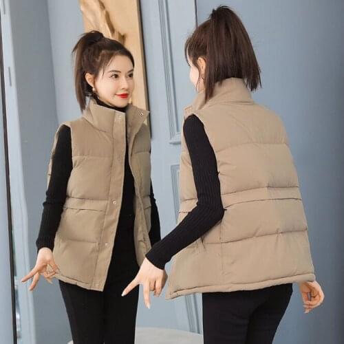 2021 Autumn Winter Women Solid Loose Vest Stand Collar Long Vest Jacket Cotton Padded Women Windproof Warm Waistcoat Khaki