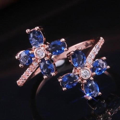 Open Ring Lucky Four Flack Blossom Double Flower With Blue Zircon Proposal Engagement Open Ring For Women Luxury Jewelry