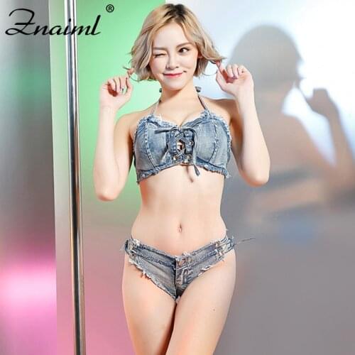 Znaiml Sexy Beach 2 Piece Set Lace Up Booty Shorts Cute Bra Thong Denim Hot Vestidos NightClub Bikini Bottom Pole Dance Outfits