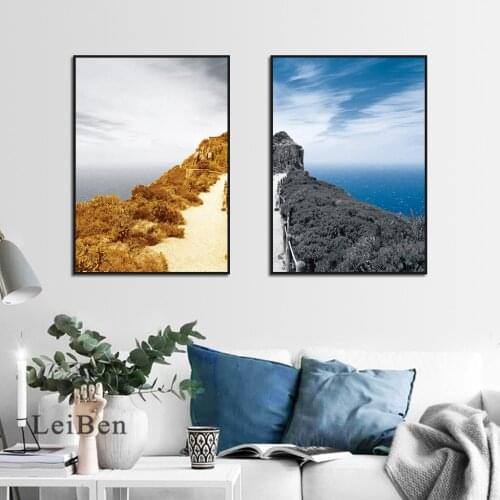 Symmetrical Painting Orange Blue Mountain Forest Landscape Poster Wall Art Canvas Print for Living Room Bedroom Corridor Decor