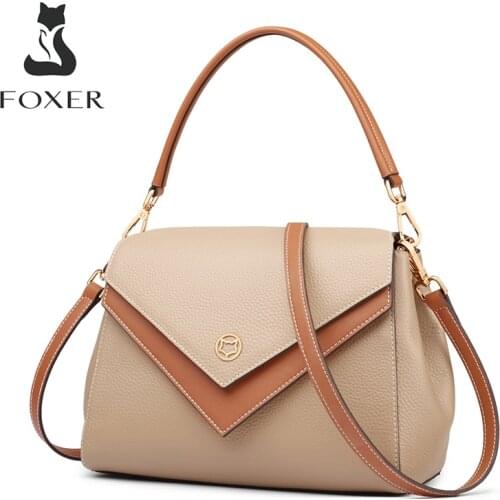 FOXER Original Fashion Womens Genuine Leather Handle Shoulder Bags Female Flip Boston Crossbody Bags Lady Small Totes Purse