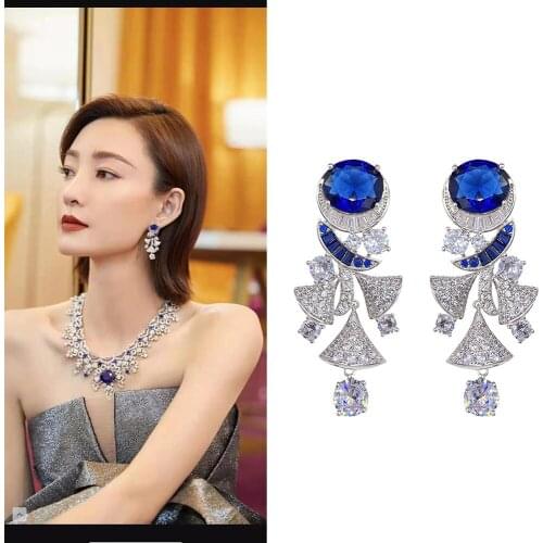 Fan-shaped skirt earrings with blue CZ temperament all-match earrings for women party gift