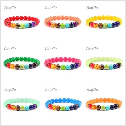 Yingwu 7 Chakras Chalcedony Bracelets Natural beads Polychromatic Jades Stretch Rope Chain Mens Banges Armband 8mm