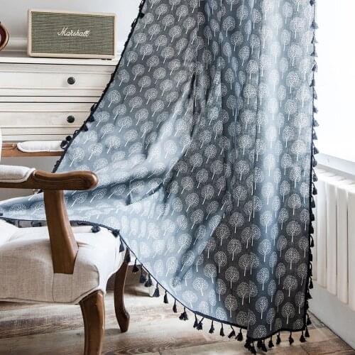 Grey Leaves Curtain With Tassel For Living Room Blinds French Windows Cotton Semi Blackout Finished Curtains