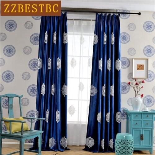 High Quality Blue Green Velvet Embroidered Curtains For Living Room Window Exquisite Tulle Custom Short Curtain For Bedroom