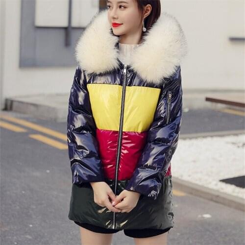 Winter 2019 New Down Cotton Padded Women Loose Bright Face Fur Collar Hooded Long Section Fashion Color Matching Cotton Jacket