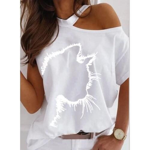 Elegant Cat Print Women T-Shirts 2021 Summer Sexy Off Shoulder Short Sleeeve Halter Pullover Tops Casual Lady Fashion Tee Shirts