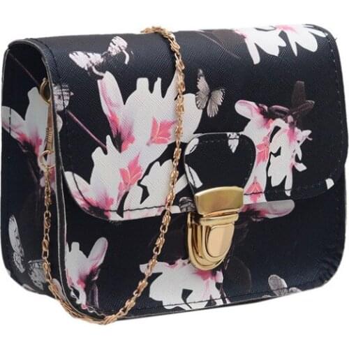 Women Butterfly Flower Printing Chains PU Leather Messenger Bag Girl Elegant Shoulder Bag Fashion Purse