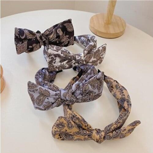 Women Antique Hair Ornament Print Bowknot Headbands Handmade Korean Style Headdress Wide Bow Knotted Hairbands Adults Headwear