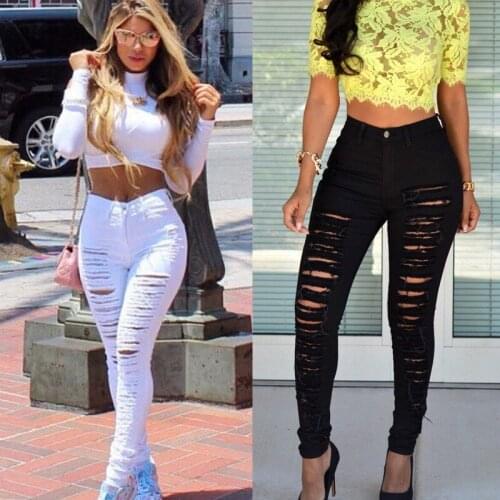 Women Fashion High Waist Mom Jeans Female Ripped Jeans For Women Black White Denim Skinny Jeans Woman Plus Size Pencil Pants
