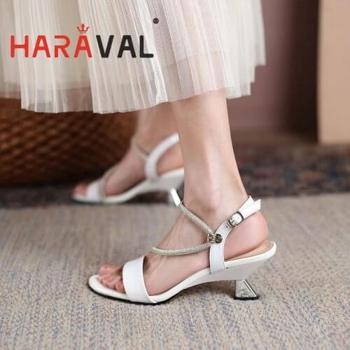 HARAVAL Women Sandals Shoes High Heels Elegant Genuien Leather White Pink Concise Patchwork Dress Female Handmade Shoes B180