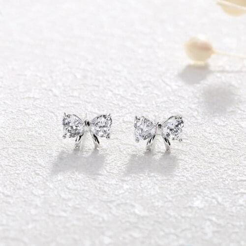 Bow-knot Cubic Zirconia Genuine 925 Sterling Silver Stud Earrings for Women Female Wedding Engagement Trend Fine Jewelry YEA405