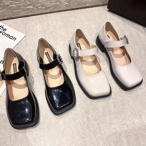 2021 Korean Style New Retro Shallow Mouth Black Square Head Thick Sole Shoes Female Mary Jane Shoes Spring and Autumn