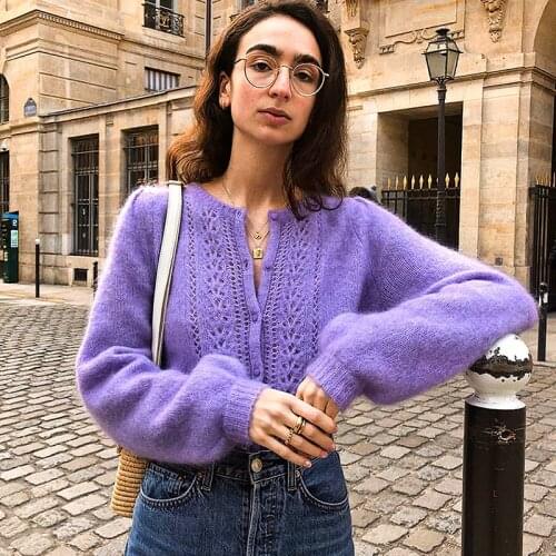 Elegant Mohair Knitwear Gilet Women Hollow Out Long Sleeve O-neck Button Chic Sweater 2021 Autumn Spring Vintage Cardigan Jumper