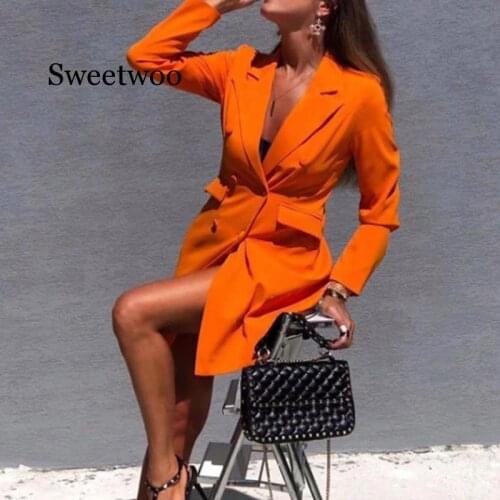 Women Chic Black Orange Blazer Jacket Pockets Double Breasted Blazers Jackets Female 2020 Spring Office