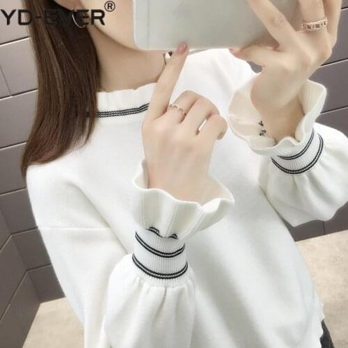 2020 New Autumn Winter Womens Flare Sleeve Sweater Casual Loose Bottoming Shirt Long Sleeve Turtleneck Striped Jumper Jersey