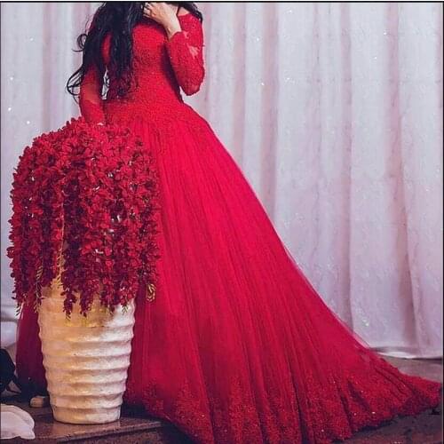 Vestido De Novia 2021 Red Long sleeve Ball Gown Wedding Dresses Muslim Lace Appliques Beaded Princess Bridal Wedding Gowns