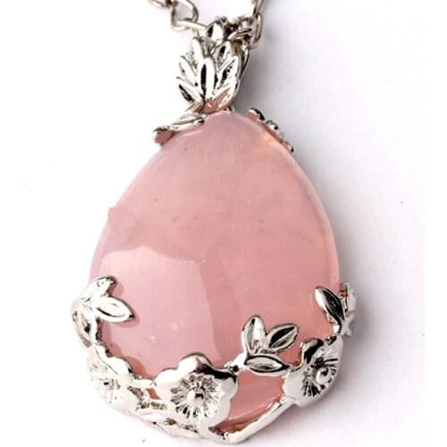 100-Unique 1 Pcs Silver Plated Natural Rose Pink Quartz Water Drop Pendant Charm Jewelry For Necklace