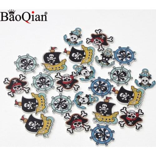 50Pcs Mixed Cartoon Pirate Series 2 Holes Wooden Buttons Sewing Wood Craft Scrapbooking DIY Wholesale