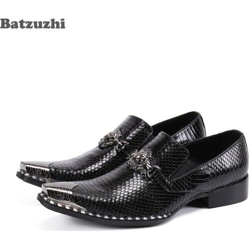 Batzuzhi Fashion Men Shoes Black Genuine Leather Dress Shoes Pointed Metal Cap Business Leather Shoes Zapatos Hombre, 38-46