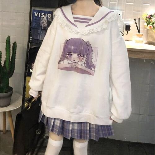 White Cartoon Hoodie Girl Harajuku Autumn Sailor Collar Tops Loose Japan Women Casual High Street Funny Spring Sweatshirts Girls