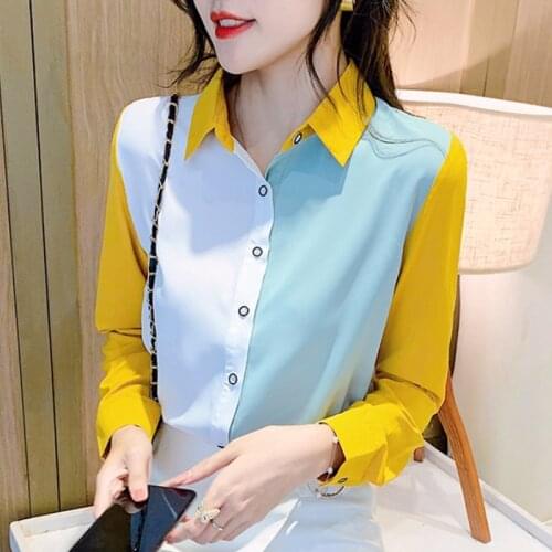 Fashion stitching Shirt Womens Clothes Long Sleeve 2021 Spring new Color Matching Square collar Blouses shirt Ladies top 829C