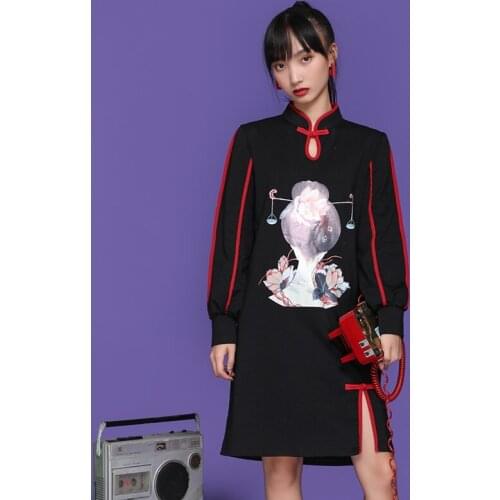 Black Chinese Dress Qipao Long Sleeve Mandarin Collar Chinese Lingerie Cheongsam Short Vestidos Gothic Oriental Dress 11426