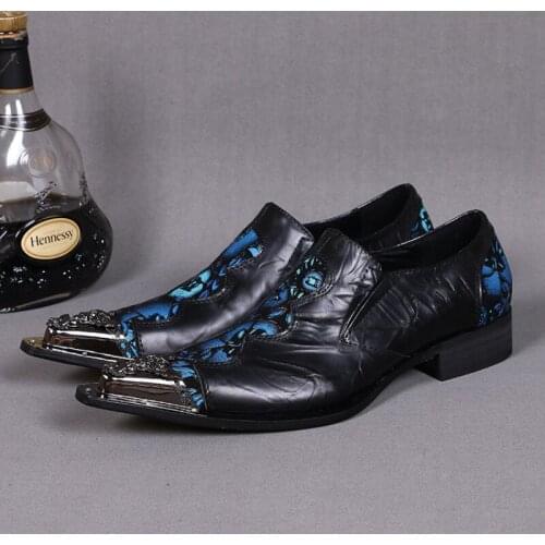 Christia Bella Large Size Fashion Man Metal Carved Pointed Toe Shoes Genuine Leather Floral Men Shoes Mens Business Party Shoes