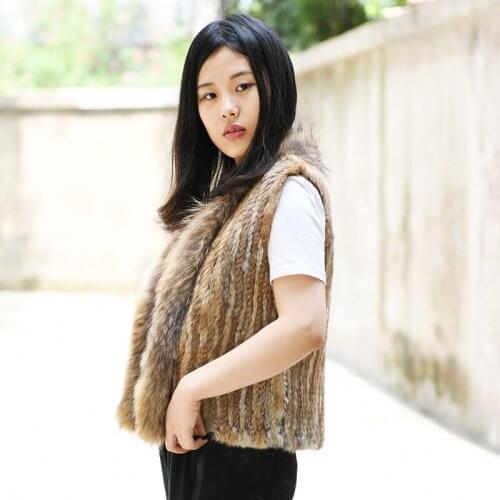 CX-G-B-118D New colors knitted real rabbit fur vest raccoon collar trim hand knitted coat Natural style