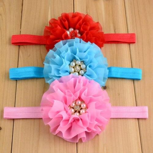 20 pcs/lot Beautiful Chiffon Flower with Pearl beads center elastic headband