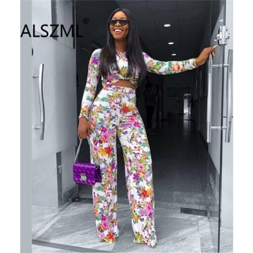 African elegant sexy women set floral print two pieces tops and long pant full sleeve 2 pieces matching suit set
