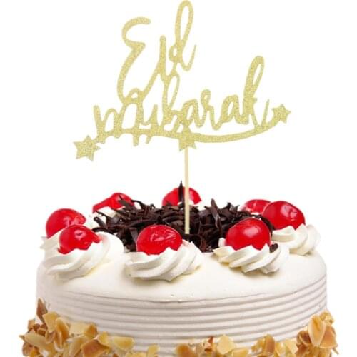 Eid Mubarak With Star Cake Topper Flags Birthday Glitter Gold Cupcake Topper Ramadan Festival Muslim Mubarak Party DIY Baking