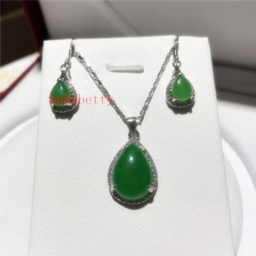 New Natural Green Jades Water droplets Pendant Earrings inlay necklace Set Women