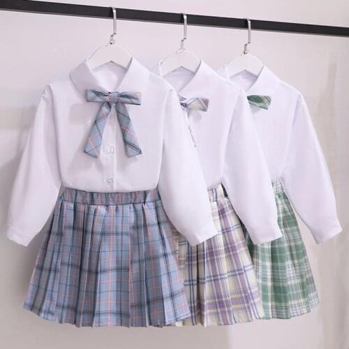 Preppy Style Baby Girl Clothes Sets Children Long Sleeve White Shirt & Plaid Skirt 2Pcs Suit Bow Cotton Kids Clothes for Teens