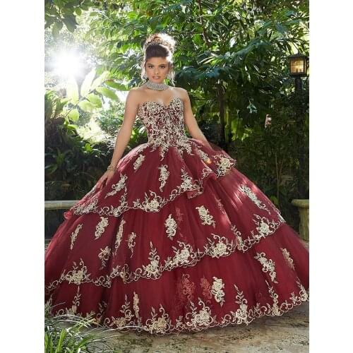 Cinnamon-Rose Cheap Quinceanera Dresses Ball Gown Sweetheart Tulle Applique Tiered Sweet 16 Dresses