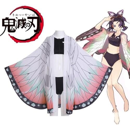 Demon Slayer Cosplay Kimetsu No Yaiba Kamado Tanjirou Cosplay Two Piece V Neck Bathing Suit Swimsuit with Sheer Kimono Cardigan