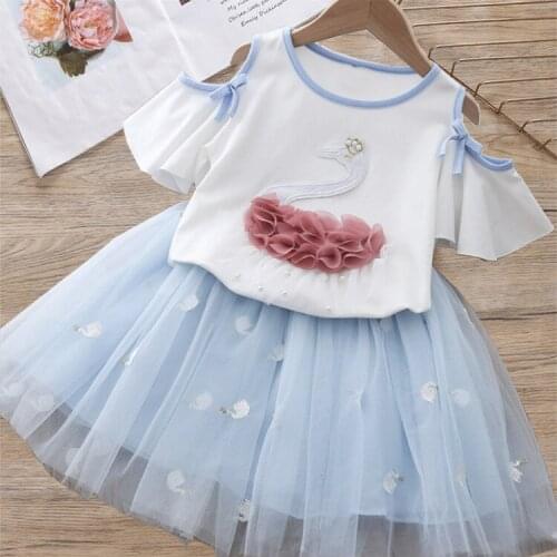 Summer Girls' Clothing Sets Cartoon Swan Embroidered Strapless Fly Sleeves Top+Gauze Skirt Princess Baby Kids Children Clothes