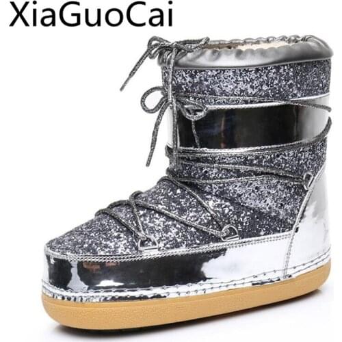 Fashion Women Space Winter Boots Lace Up Warm Women Snow Boots Casual Ladies Bling Boots Work Safety Shoes
