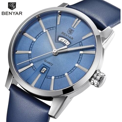BENYAR Luxury Brand Mens Watch Leather Strap Double Calendar Fashion Quartz Watch 30M Waterproof Casual Watch Relogio Masculino