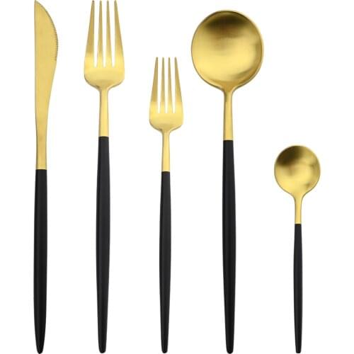Western Stainless Steel Cutlery Set 5Pcs Black Gold Dinnerware Knife Fork Coffee Tea Spoon Tableware Kitchen Silverware Flatware
