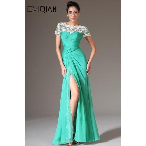 Freeshipping New A Line Scoop Neckline Short Sleeves Front Slit Formal Evening Dress with White Lace