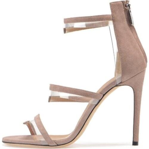 New Arrival Woman Cheap Nude Purple Clear PVC Suede Cover Heel Sandals Female Narrow Bands Open Toe Party Zipper Sandals Shoes