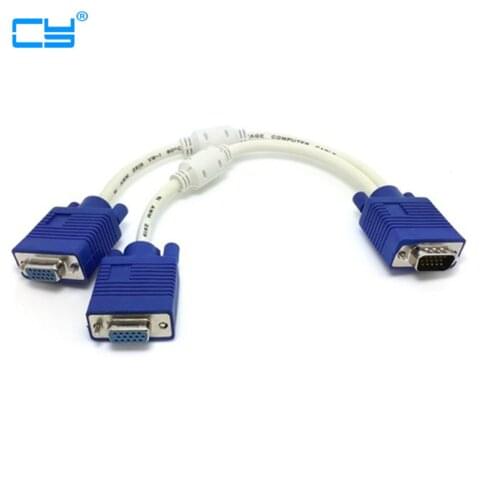 RGB VGA SVGA Male to 2 VGA HD 15 Female Splitter Adapter Extension Cable w Core