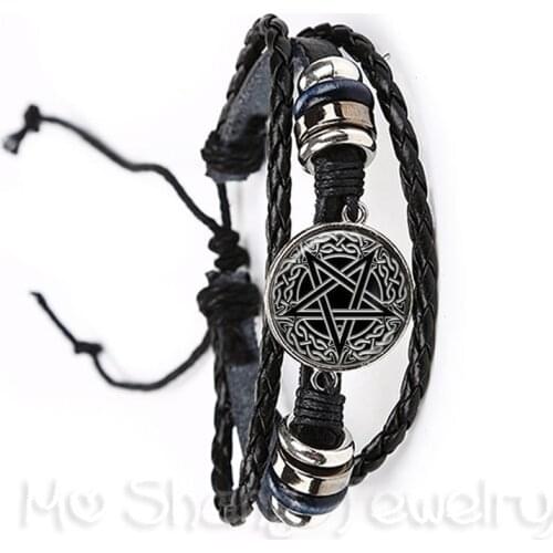 Satanic Baphomet Pentagram Bracelet Gothic Black/Brown Leather Bangle Satanism Evil Occult Pentacle Jewelry Pagan Charm Gift