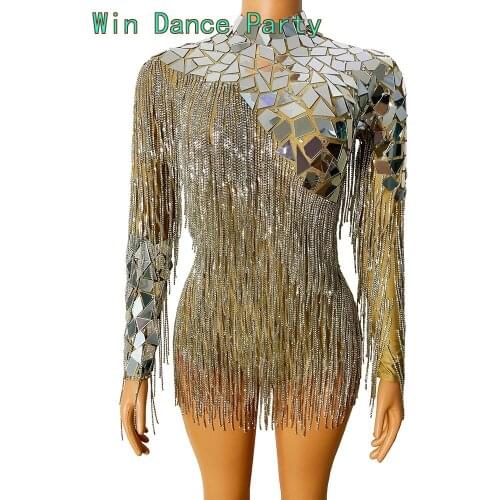 Silver Mirror Sequins Fringe Dresses Mesh Birthday· Above Knee Dress Long Sleeve Nightclub Stage Bar Dance Party Evening Costume