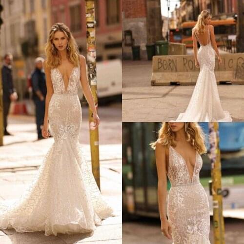 2020 Wedding Dresses Deep V-Neck Lace Appliques Bridal Gowns Boho Sweep Train Mermaid Wedding Dress Vestidos De Novia