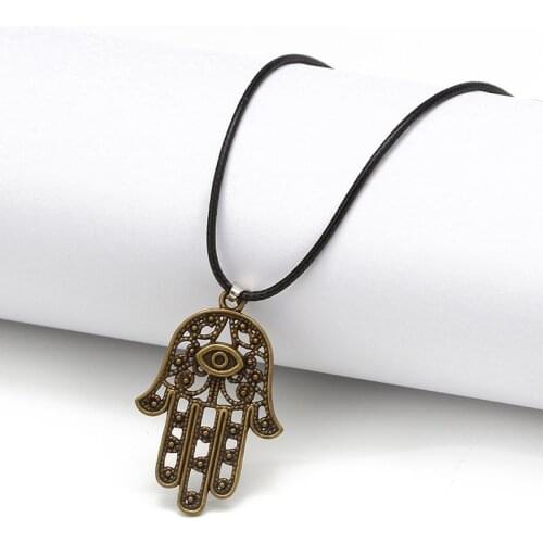 Vintage Evil Eye Hamsa Hand Pendant Necklace For Women Men Handmade Leather Chain Choker Amulet Jewerly Statement Accessories